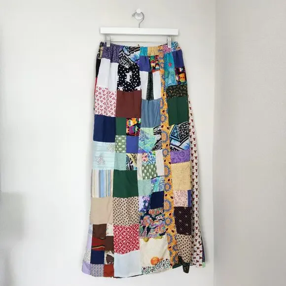 Vintage 70s Handmade Multicolor Patchwork Maxi Skirt Elastic Waist L XL - Picture 5 of 5
